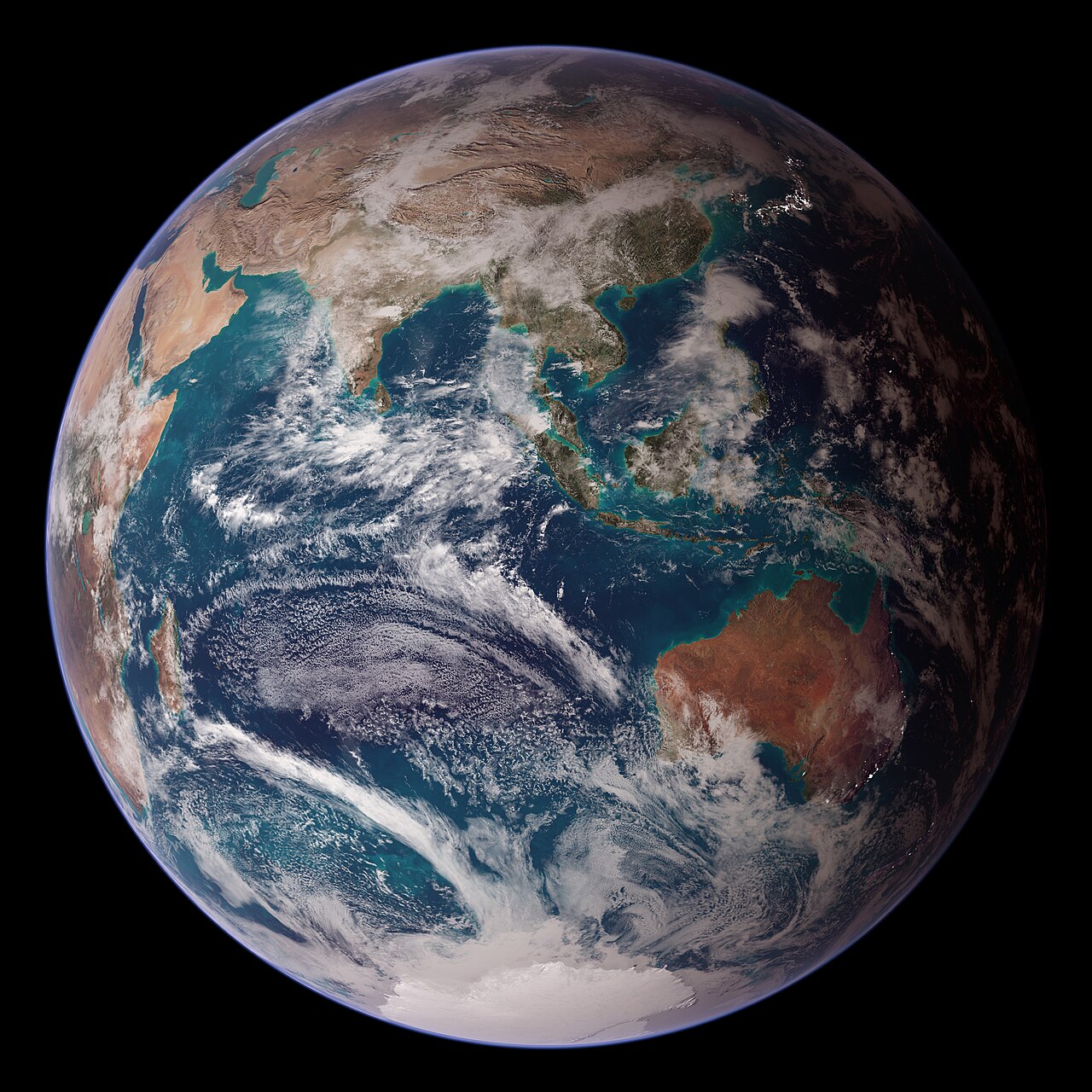 A composite rendering of Earth’s Eastern Hemisphere using satellite and terrain data.