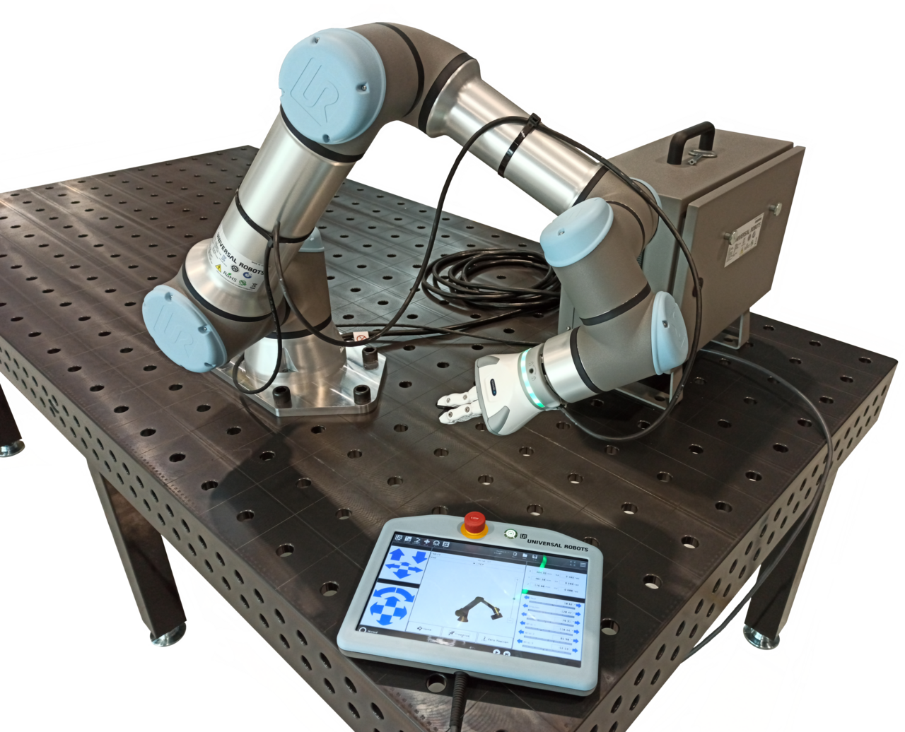 A UR16e collaborative robot arm, controller and teach pendant.