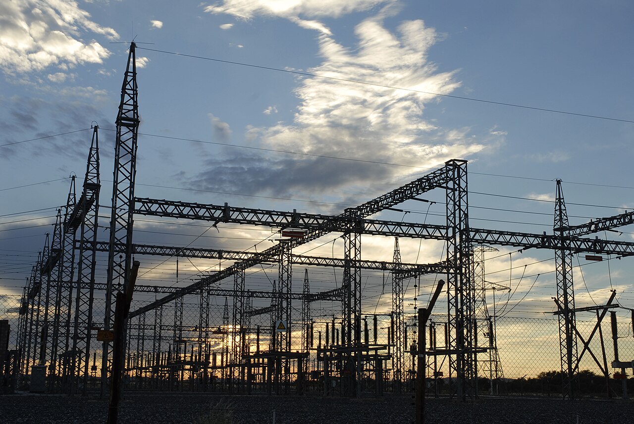 Electrical equipment and gantries at the Gordonia high-voltage substation in South Africa