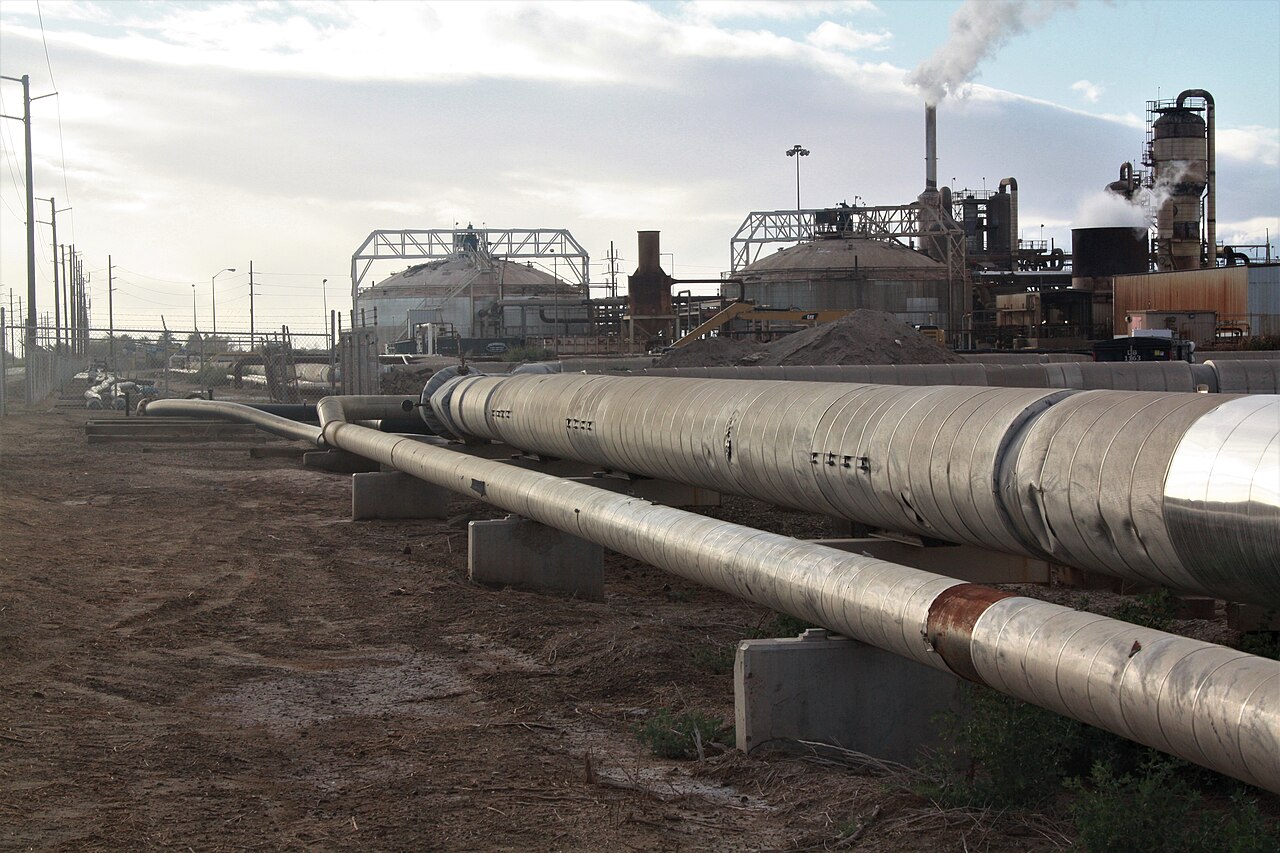 Pipes and steam at an operating geothermal power plant near California's Salton Sea