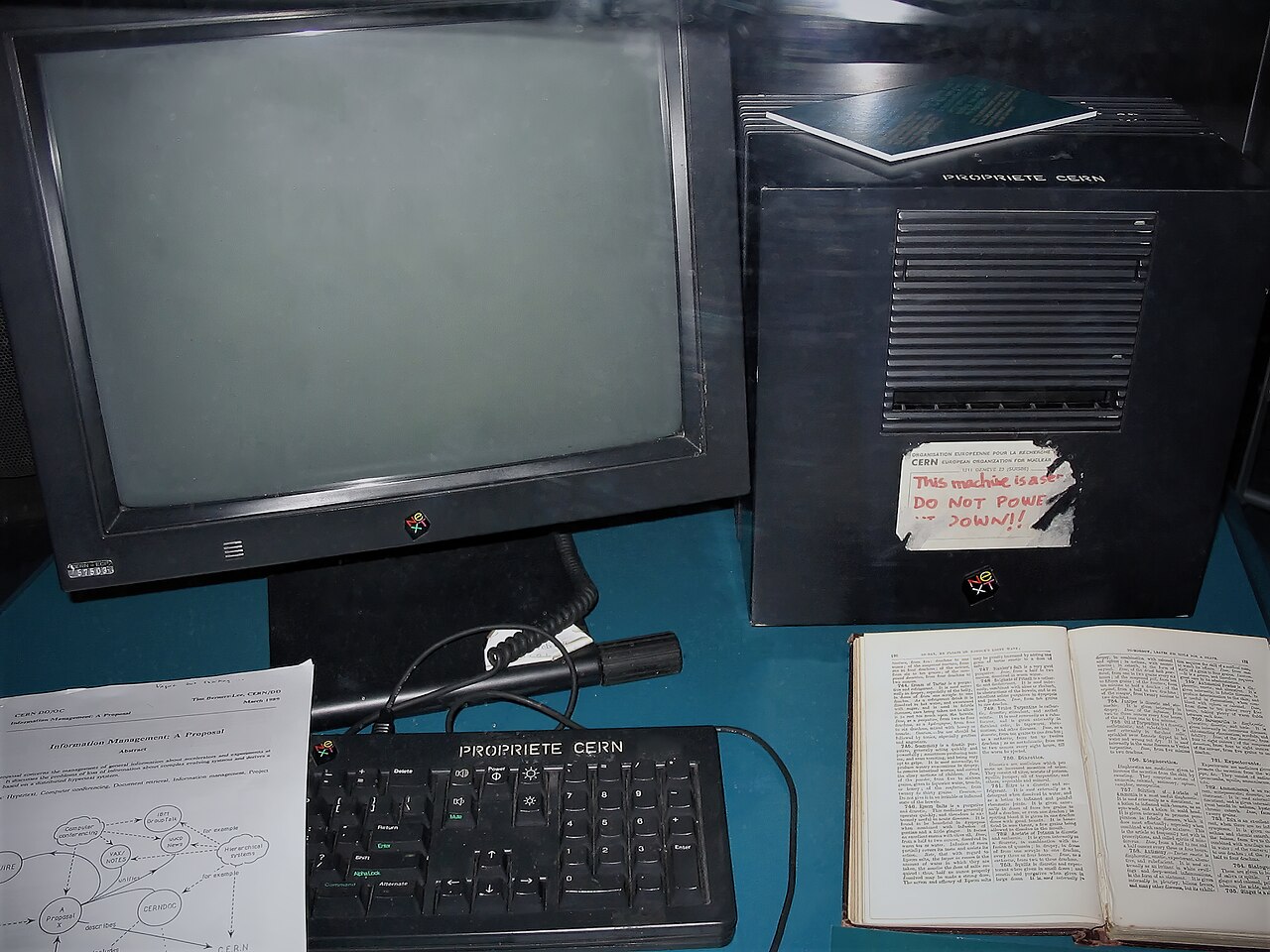 Tim Berners-Lee’s black NeXT computer and monitor, the original World Wide Web server, on display at CERN.