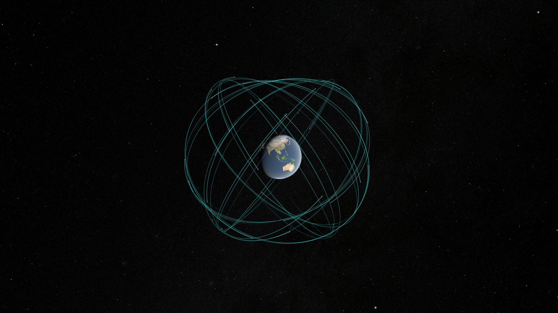 A NASA visualization of GPS satellites and their orbital paths around Earth.