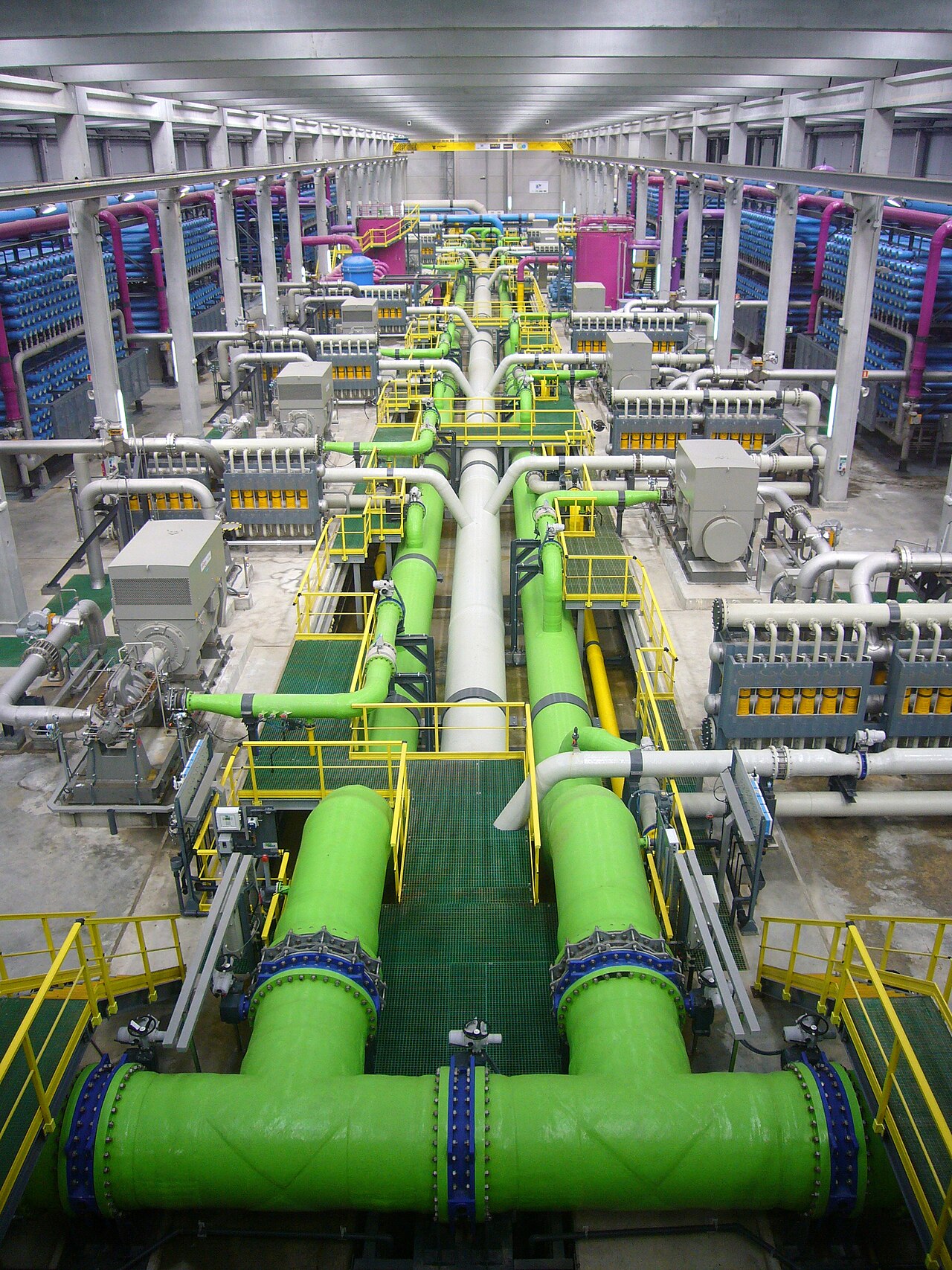 Rows of membrane pressure vessels inside the El Prat reverse-osmosis desalination plant