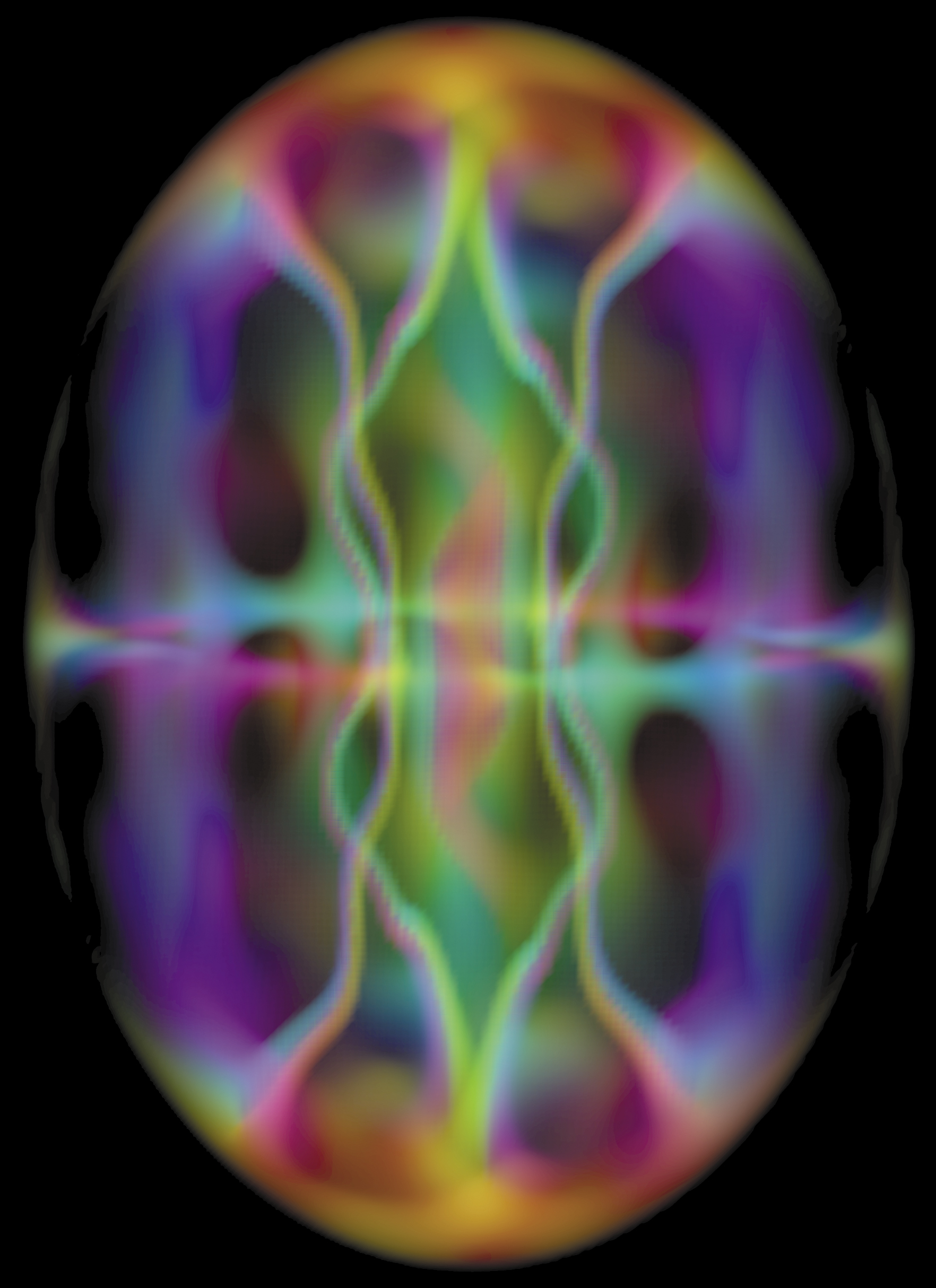 A multicolored computer simulation of vortex lines in a rotating Bose–Einstein condensate against a black background.