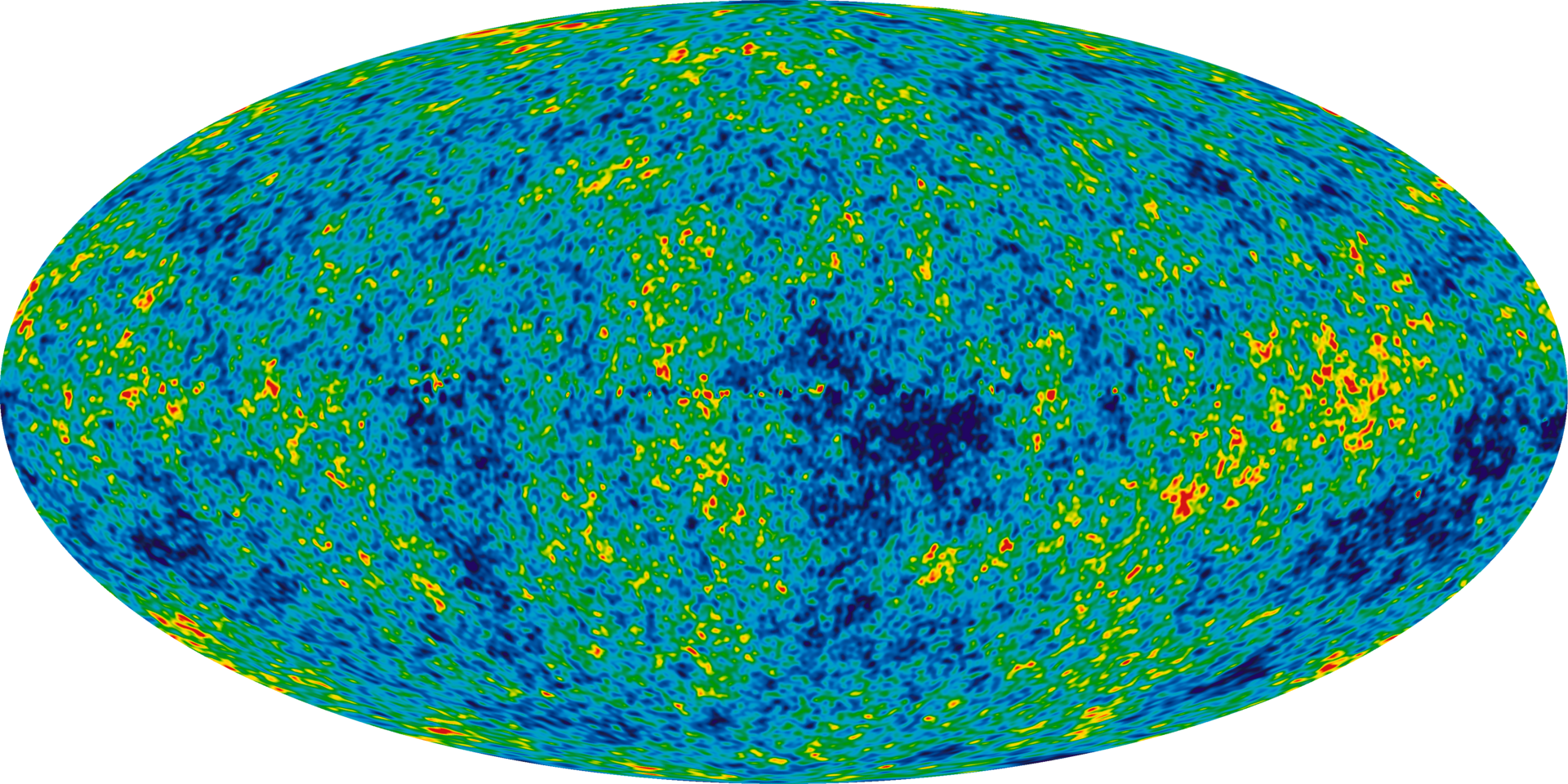 An oval all-sky map of cosmic microwave background temperature variations, colored from blue to red.