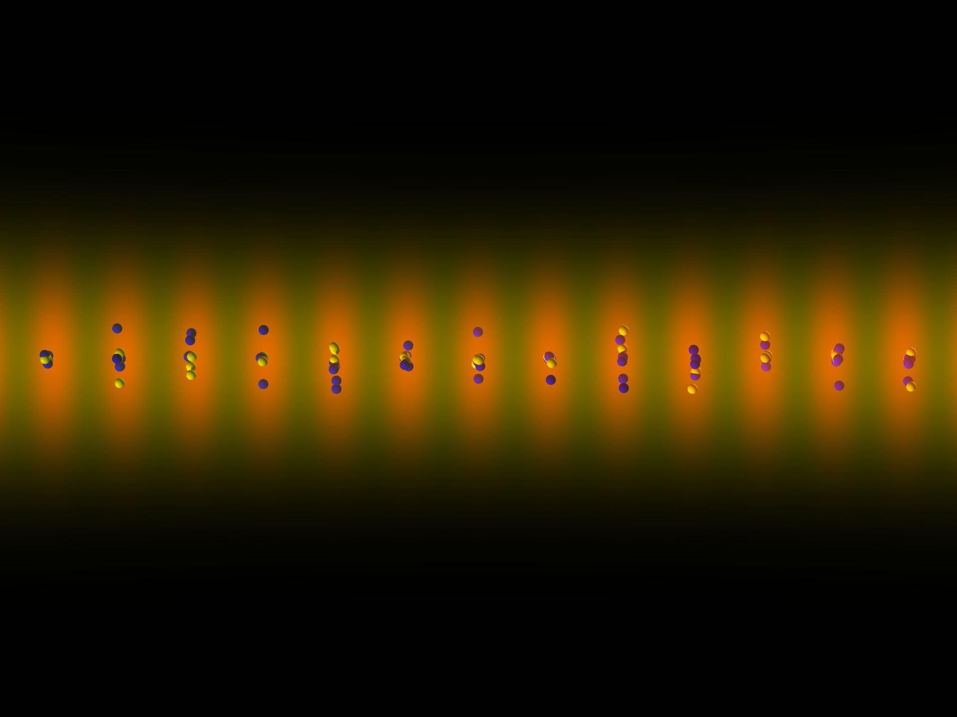 An illustration of ytterbium atoms trapped in regularly spaced wells of a laser optical lattice.